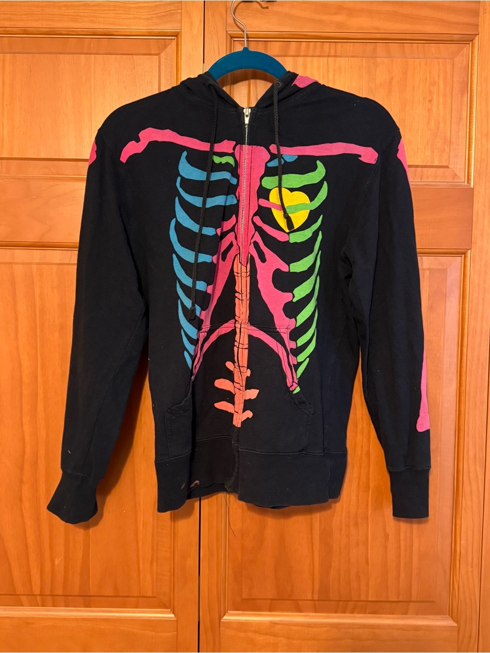 Black Zip Hoodie with Neon Skeleton Print